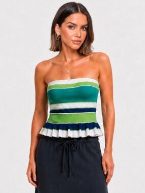 AE Cropped Peplum Sweater Tube Top NWT Green Blue Stripe Coastal Knit XS